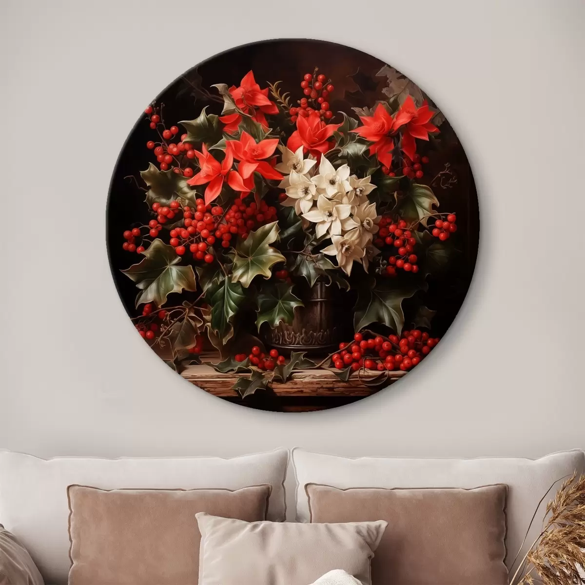 Quadri rotondi Bouquet con agrifoglio e fiori di Natale su sfondo scuro r41272
