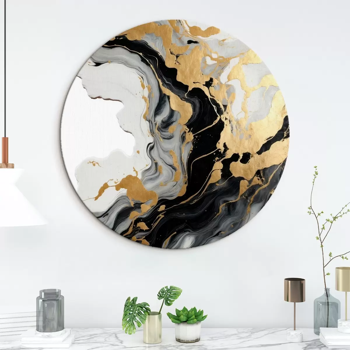 Quadri rotondi Pittura astratta ad acquerello con colori neri e gialli r41290