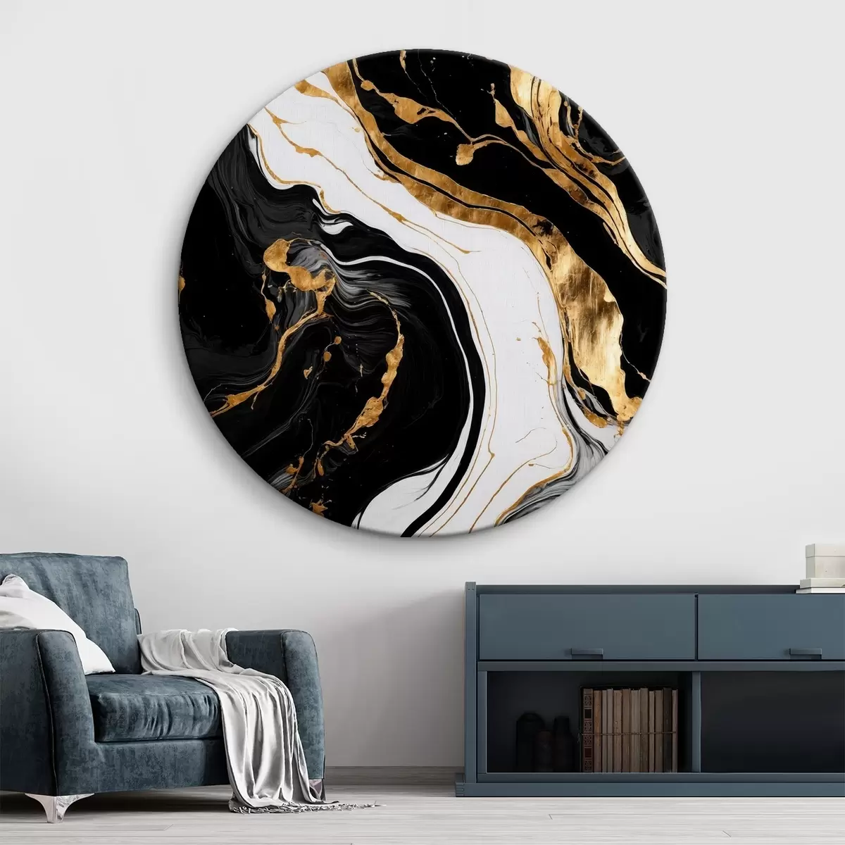 Quadri rotondi Immagine astratta in bianco e nero con macchie gialle r41292