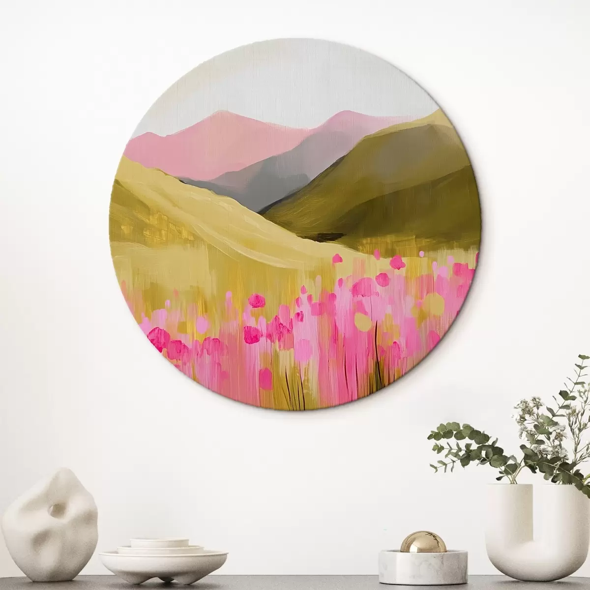 Quadri rotondi Fiori rosa vicino alle montagne r41339