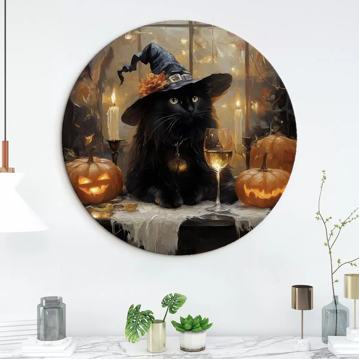 Quadri rotondi Gatto nero con zucche r41349