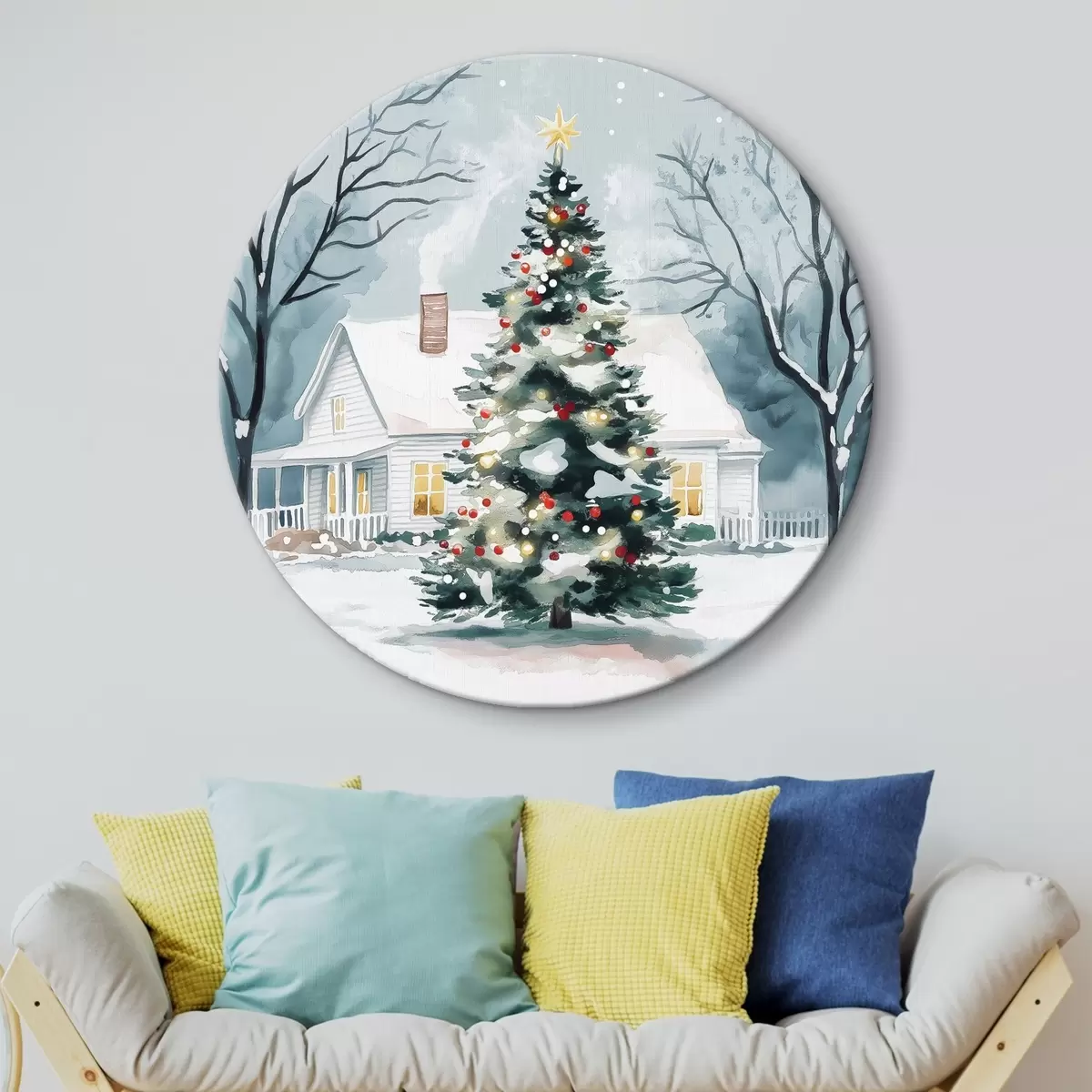Quadri rotondi Città invernale, pino decorato, Natale, acquerello r41364