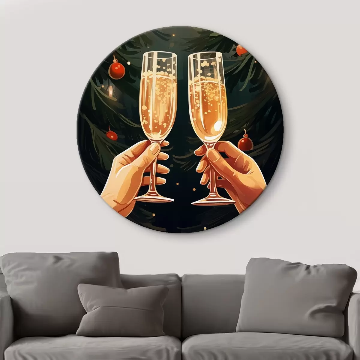 Quadri rotondi Celebrazione, calici di champagne, Natale, pino, candele, luci di Natale r41373