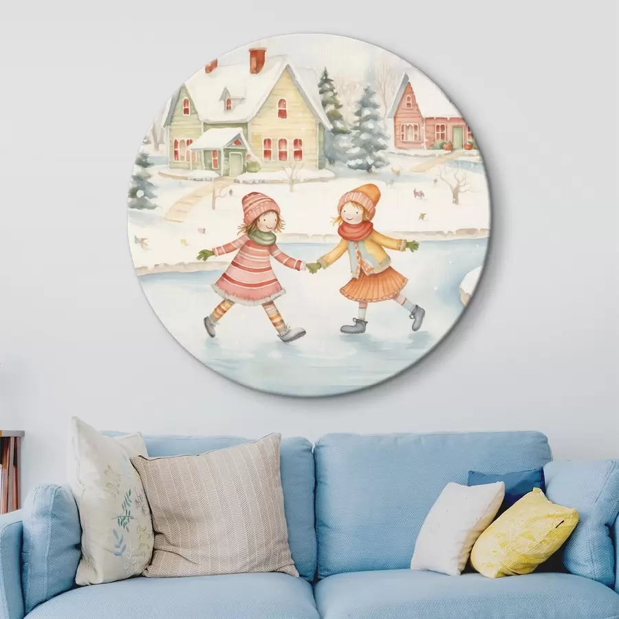 carta da parati Scena invernale con due ragazze che pattinano, città invernale, case, foresta nr. r41377