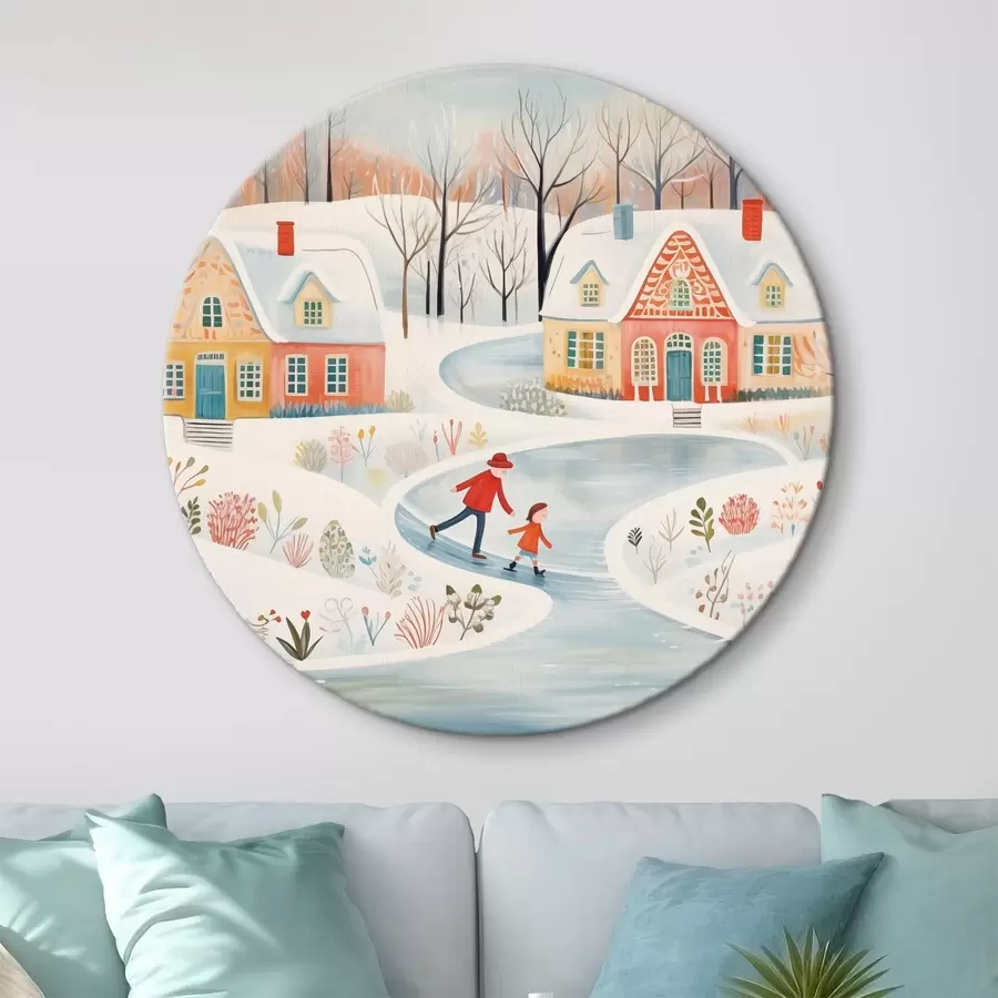 carta da parati Villaggio invernale, bosco, fiori, pattini da ghiaccio, case colorate nr. r41378