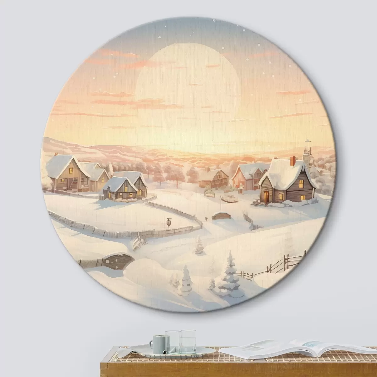 Quadri rotondi Villaggio invernale al tramonto, case coperte di neve e pini r41380