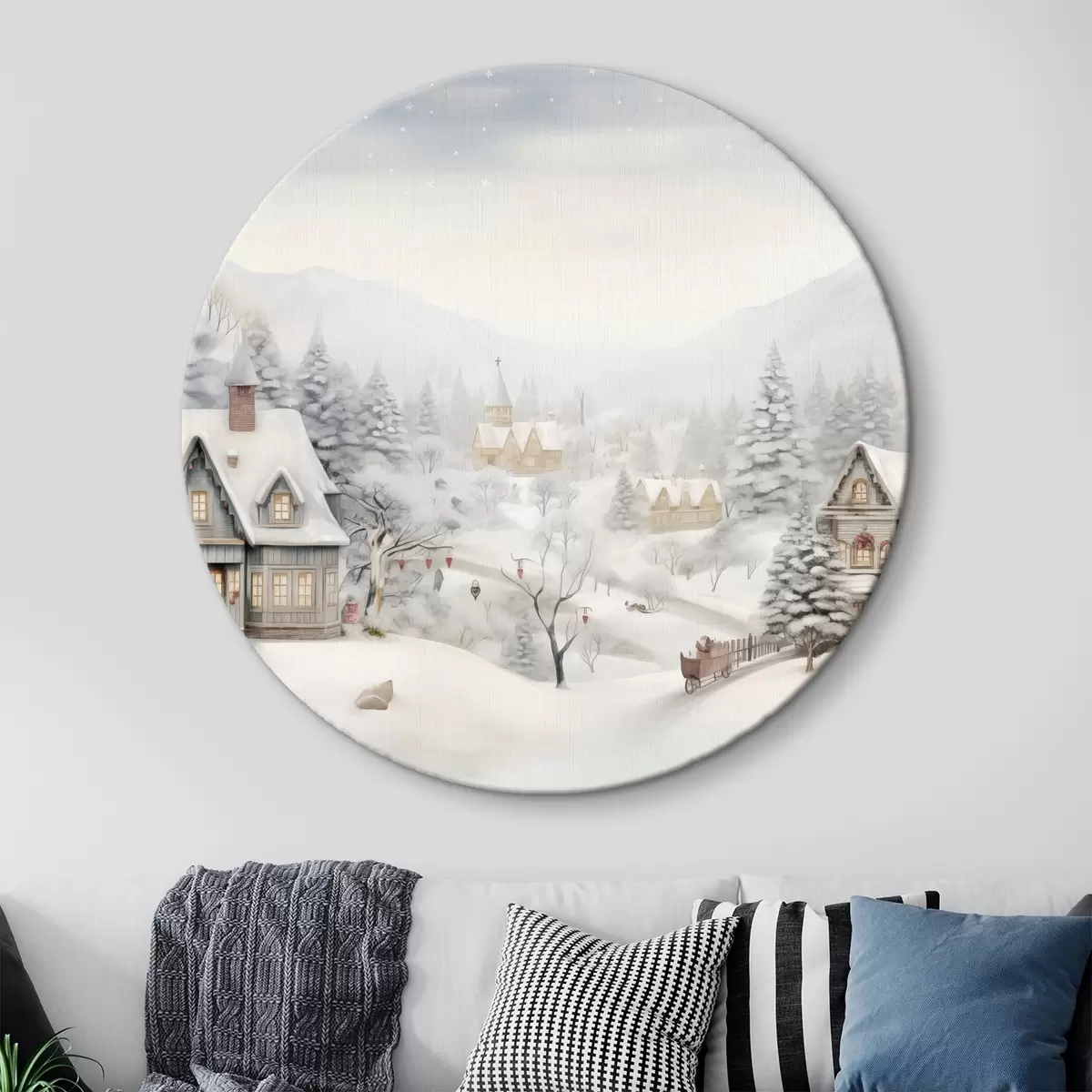 Quadri rotondi Bellissimo paesaggio invernale con villaggio, pini, case e montagne r41384
