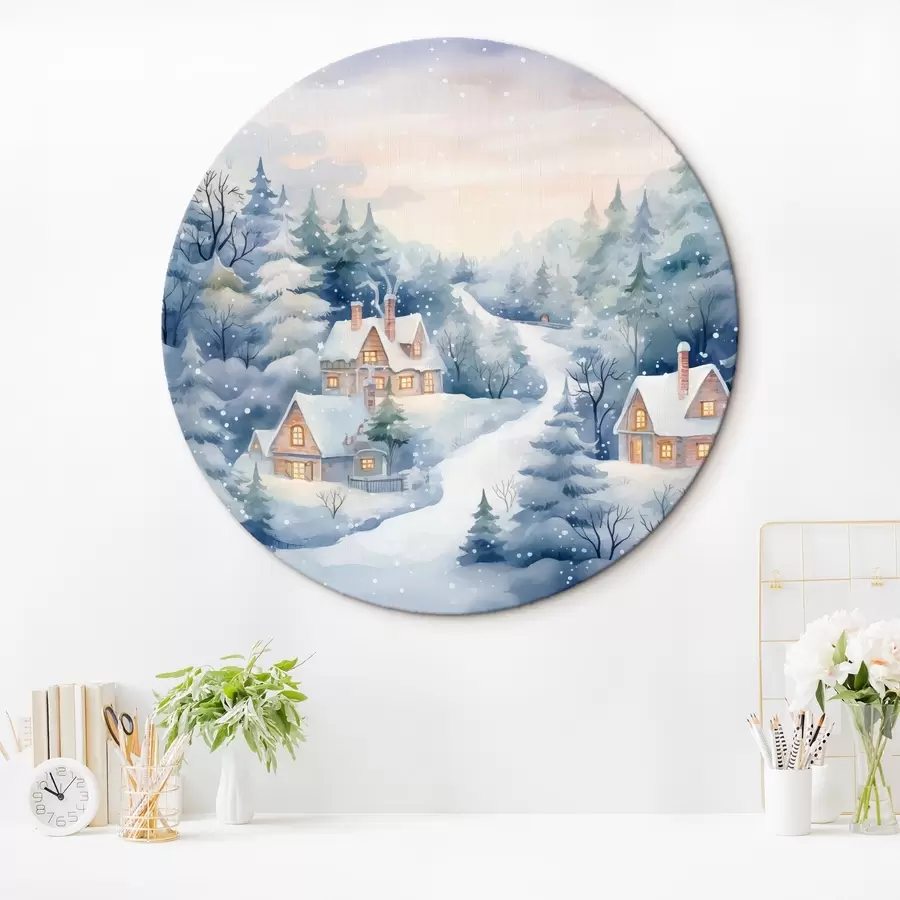 carta da parati Paesaggio invernale acquerellato, pineta, case nr. r41387