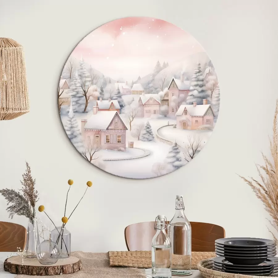 carta da parati Acquerello villaggio invernale, pineta, case, montagne, colori pastello tenui nr. r41388