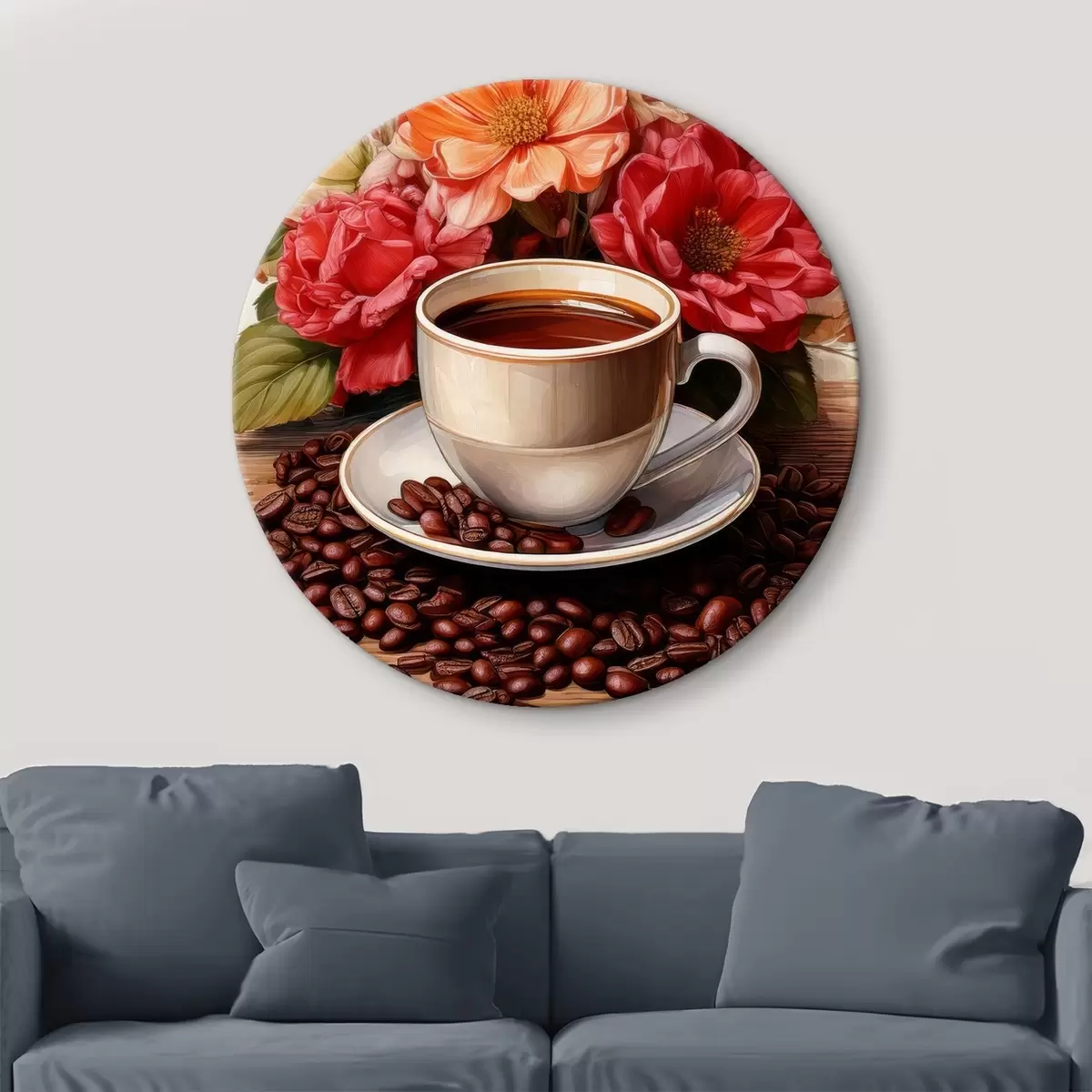 Quadri rotondi una tazza di caffè e un mazzo di fiori r41411