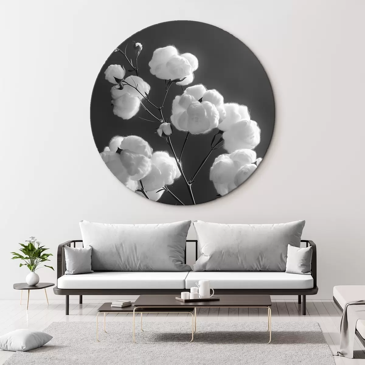 Quadri rotondi Rami di cotone, versione in bianco e nero r41429