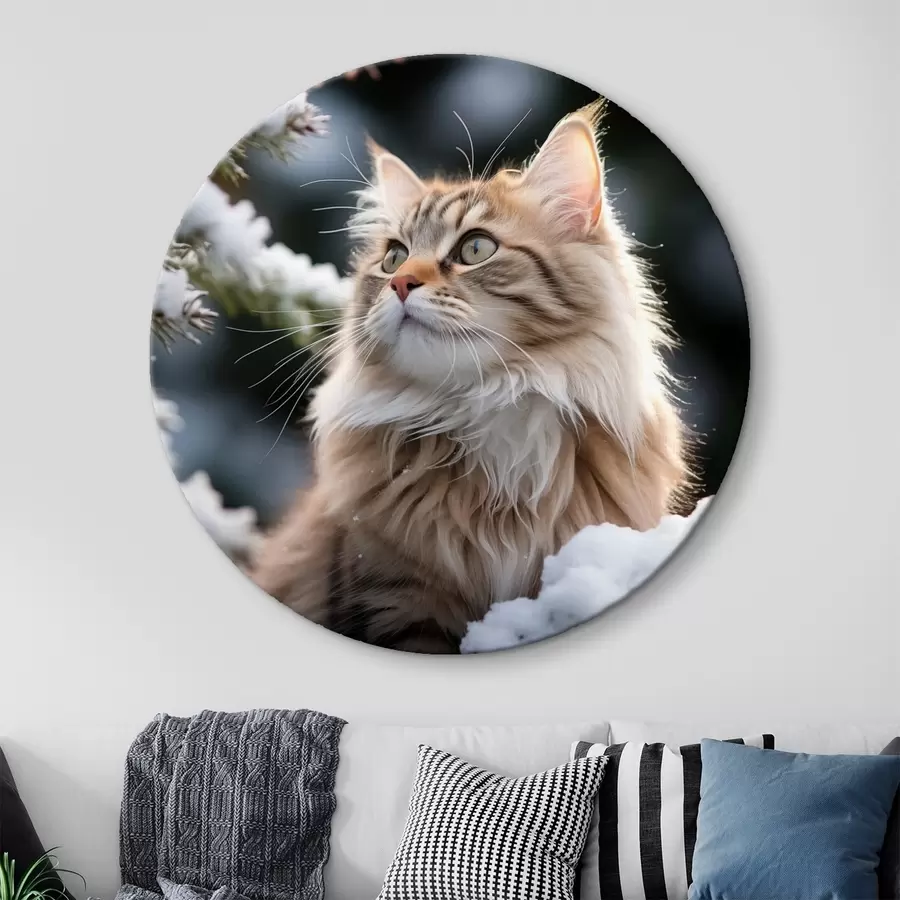 carta da parati Un soffice gatto rossiccio siede vicino alla neve su uno sfondo scuro nr. r41435