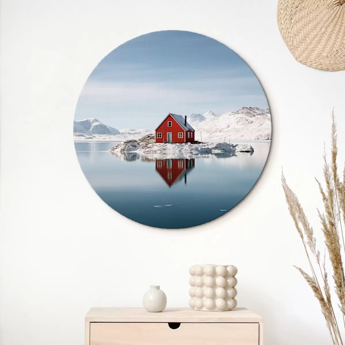 Quadri rotondi Paesaggio invernale minimalista casa rossa sul lago r41437