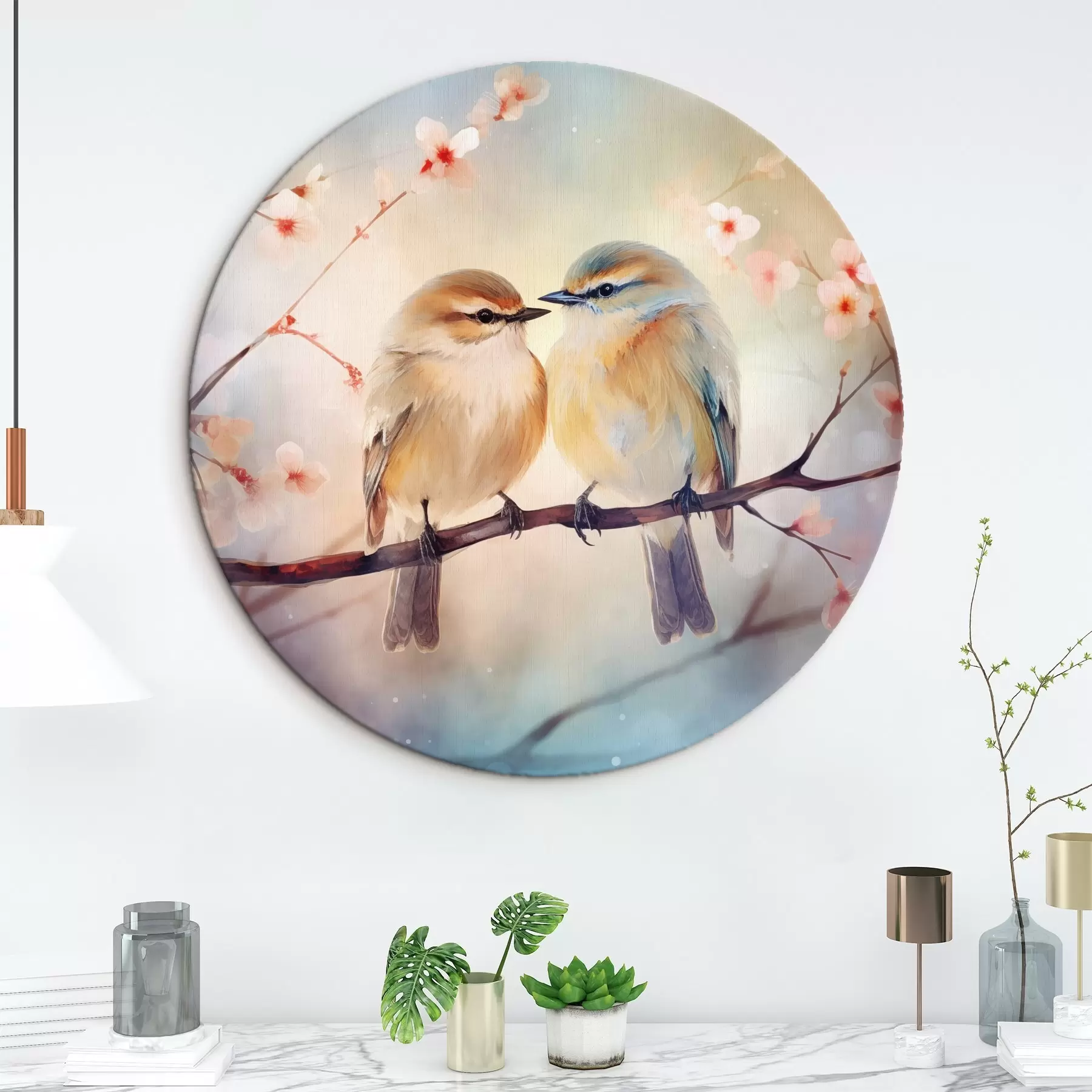 carta da parati Una coppia di uccelli siede su un ramo fiorito nr. r41476