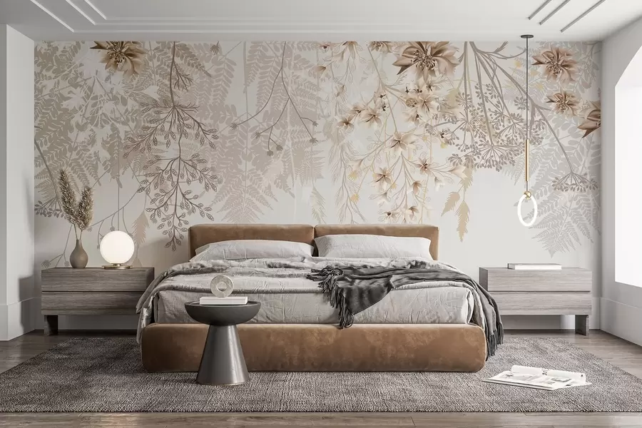 Carta da parati Floreale Delicati rami floreali ed erba con fiori bianchi, grigi e beige che scendono a cascata su uno sfondo chiaro n. w08598