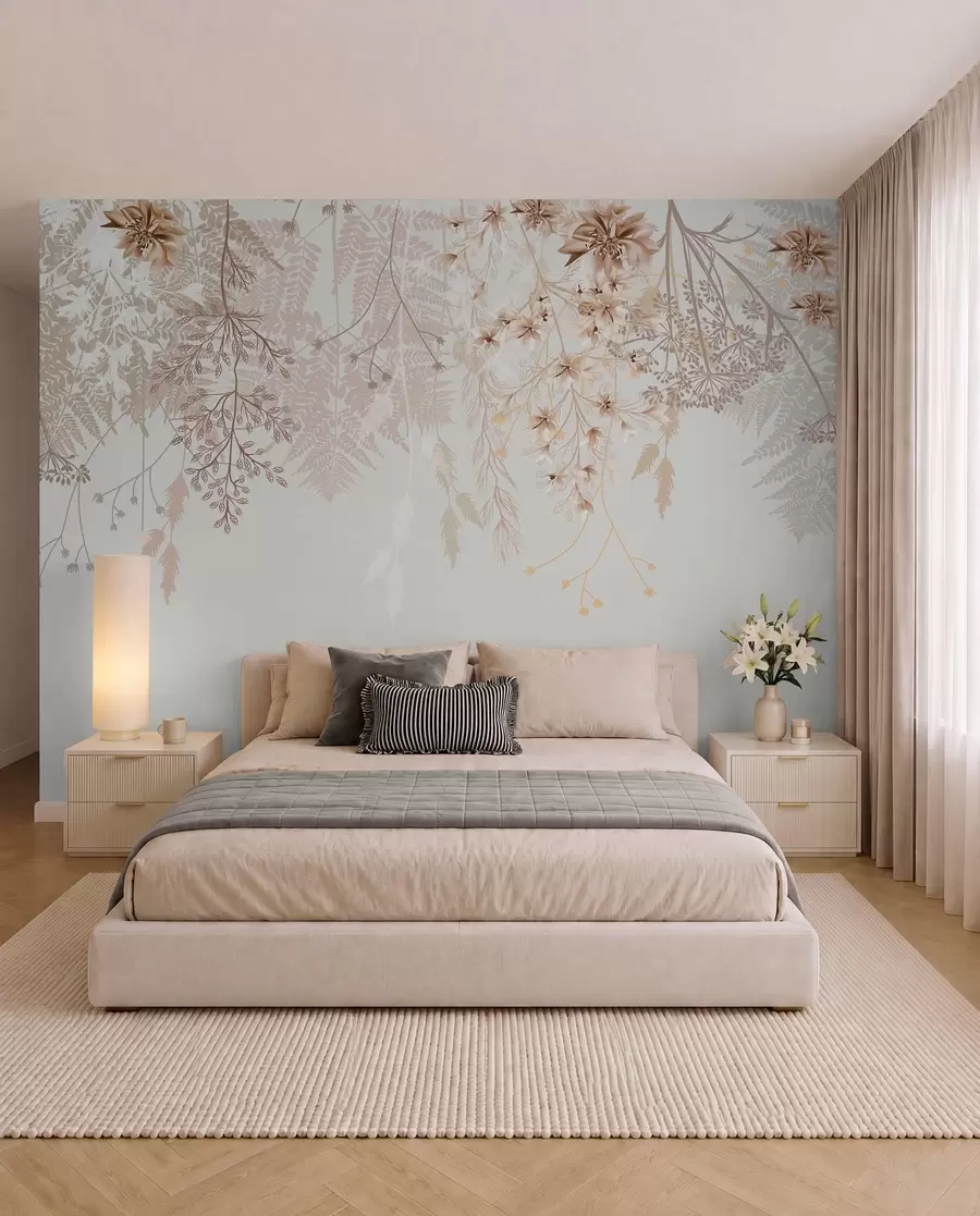 Carta da parati Floreale Delicati rami floreali ed erba con fiori bianchi, grigi e beige che scendono a cascata su uno sfondo chiaro n. w08598