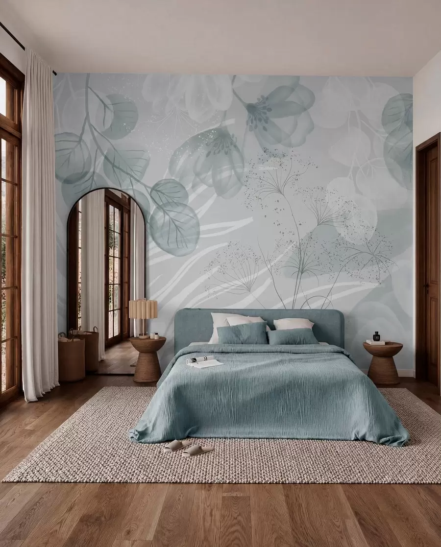 carta da parati Elementi floreali in eucalipto nei toni del blu e del bianco con foglie e petali sovrapposti in stile minimalista nr. w08599