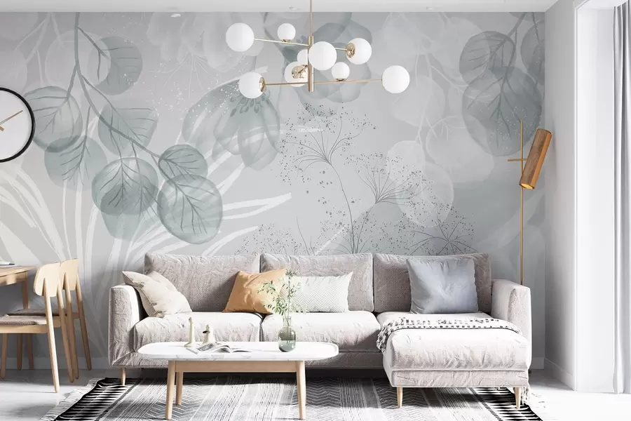 carta da parati Elementi floreali in eucalipto nei toni del blu e del bianco con foglie e petali sovrapposti in stile minimalista nr. w08599