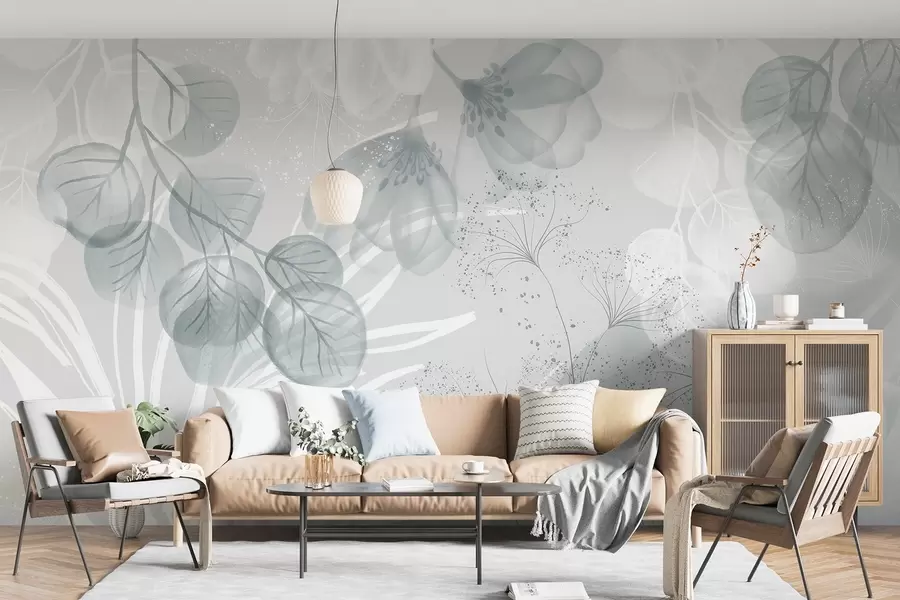carta da parati Elementi floreali in eucalipto nei toni del blu e del bianco con foglie e petali sovrapposti in stile minimalista nr. w08599