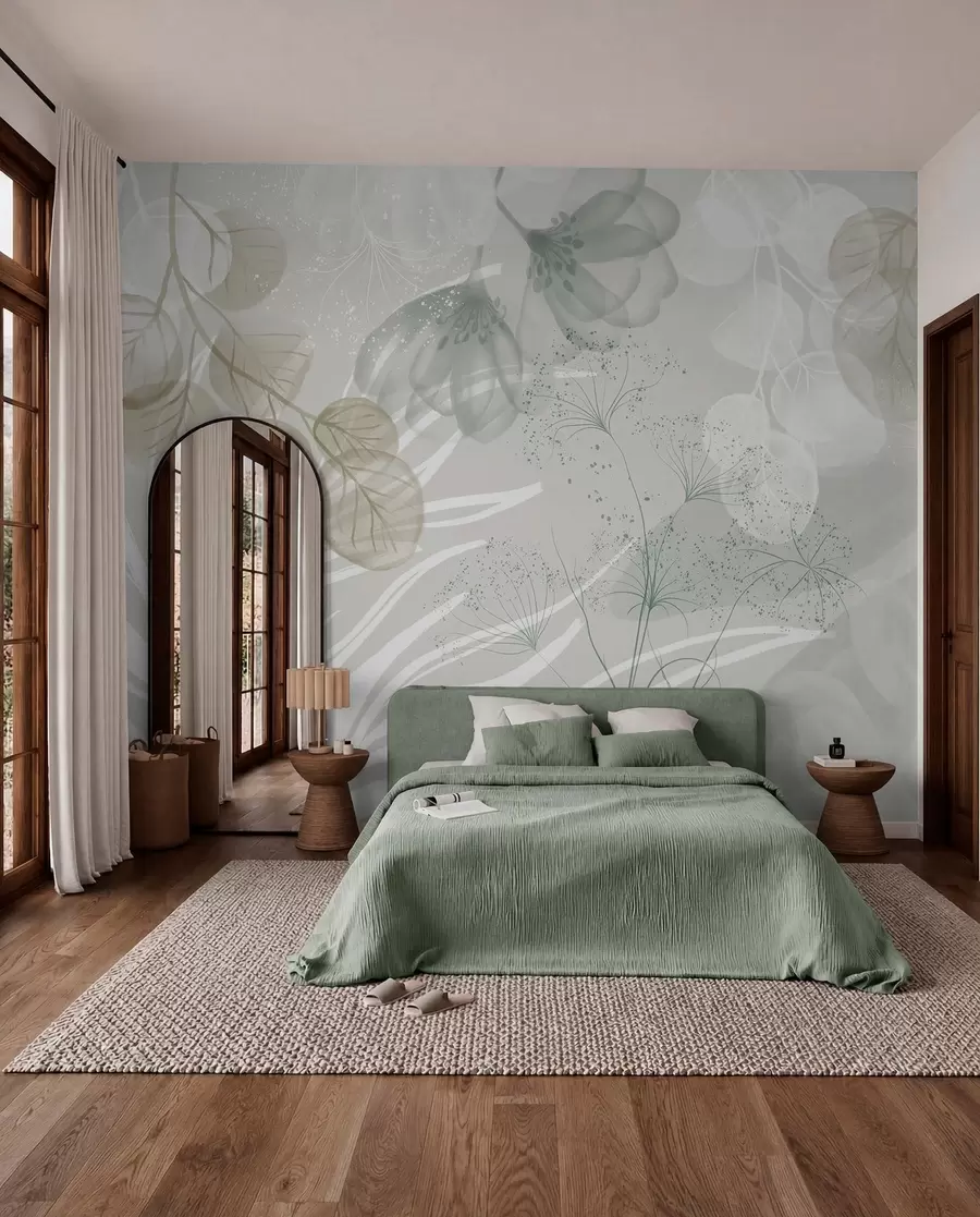 carta da parati Elementi floreali in eucalipto nei toni del verde e del bianco con foglie e petali sovrapposti in stile minimalista nr. w08599v1
