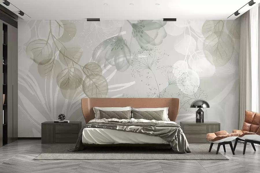 carta da parati Elementi floreali in eucalipto nei toni del verde e del bianco con foglie e petali sovrapposti in stile minimalista nr. w08599v1