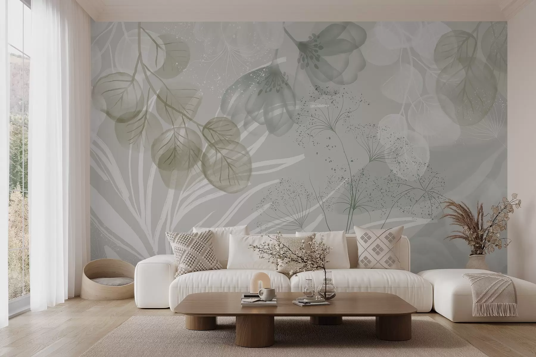 carta da parati Elementi floreali in eucalipto nei toni del verde e del bianco con foglie e petali sovrapposti in stile minimalista nr. w08599v1