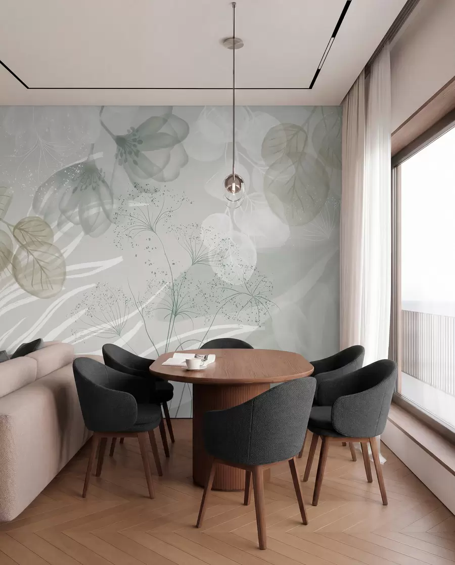 carta da parati Elementi floreali in eucalipto nei toni del verde e del bianco con foglie e petali sovrapposti in stile minimalista nr. w08599v1