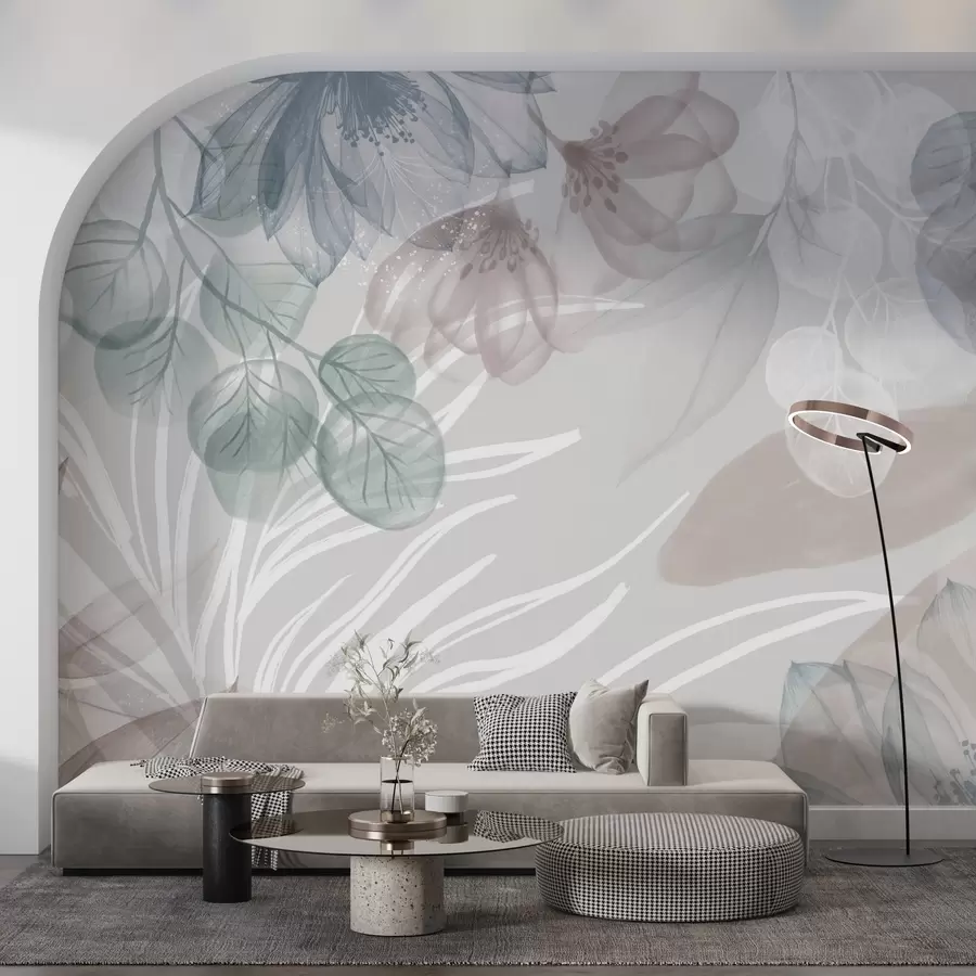 Carta da parati Floreale Stampa floreale color pastello con grandi fiori e foglie astratte trasparenti nei toni del grigio, del rosa e del verde n. w08600