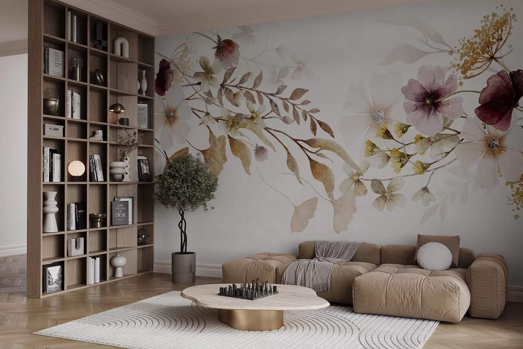 carta da parati Composizione floreale dai colori tenui e sfumati con fiori e foglie beige e bianchi su uno sfondo chiaro nr. w08603