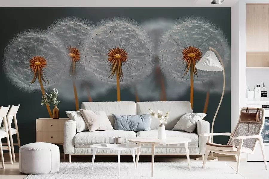 Carta da parati Floreale Denti di leone ariosi su uno sfondo naturale scuro n. w08498