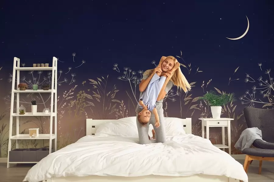 carta da parati Dente di leone con fiori di campo su uno sfondo di tramonto con cielo azzurro e luna nr. w08567