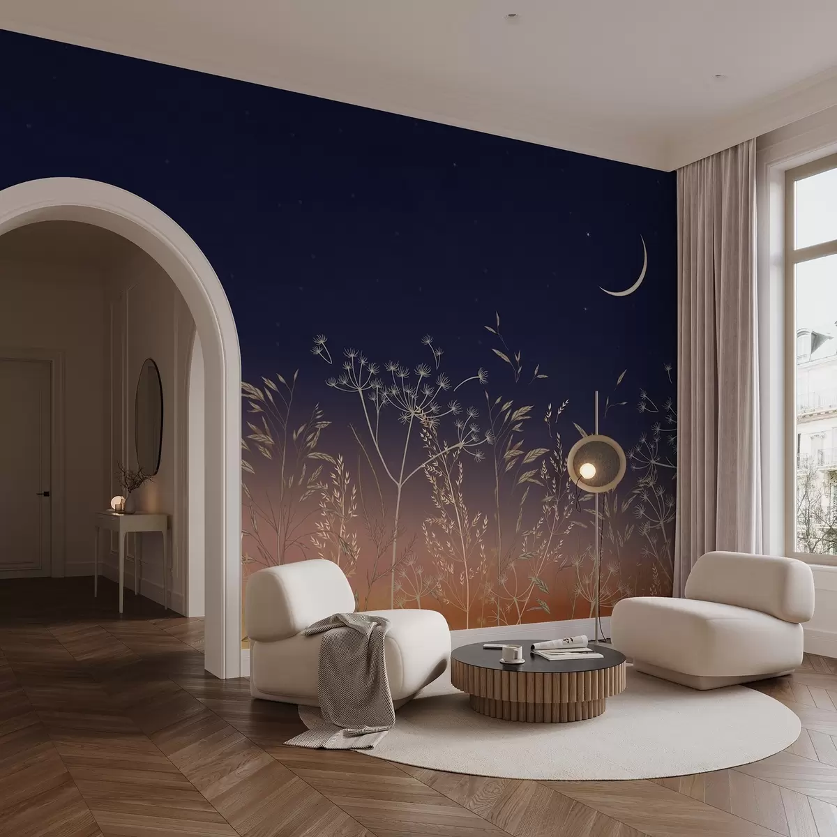 carta da parati Dente di leone con fiori di campo su uno sfondo di tramonto con cielo azzurro e luna nr. w08567