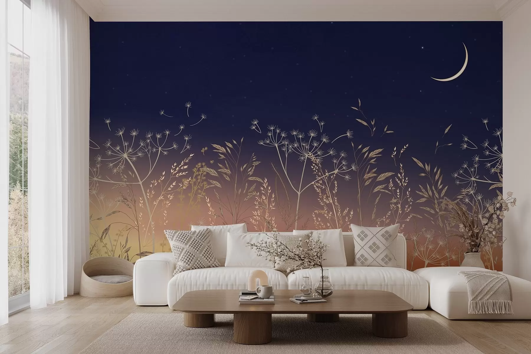 carta da parati Dente di leone con fiori di campo su uno sfondo di tramonto con cielo azzurro e luna nr. w08567