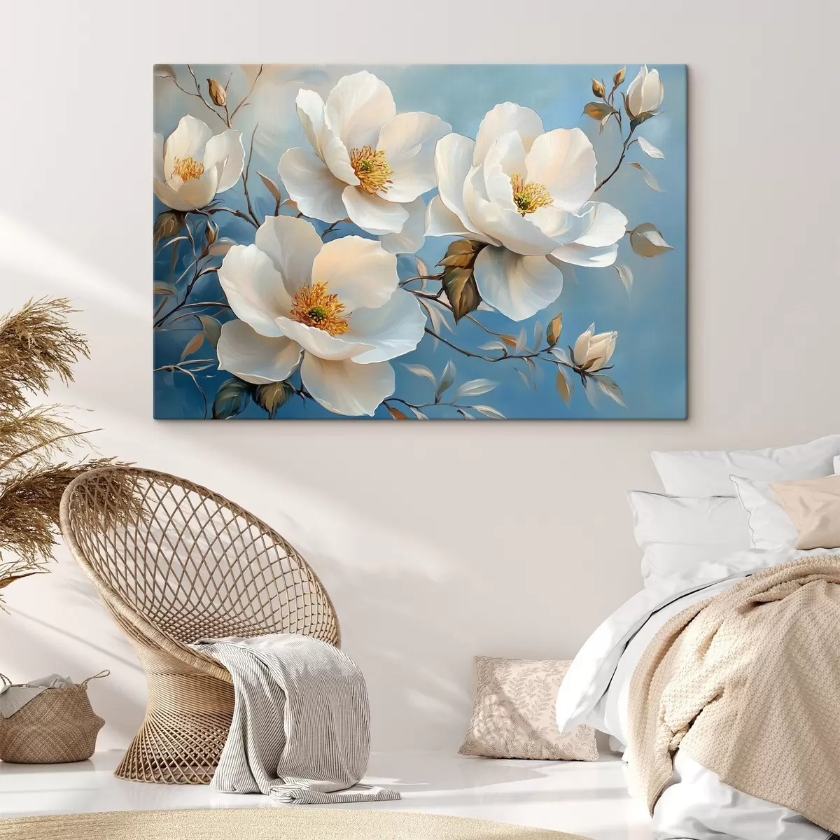 carta da parati Grandi fiori bianchi su sfondo blu nr. s42321