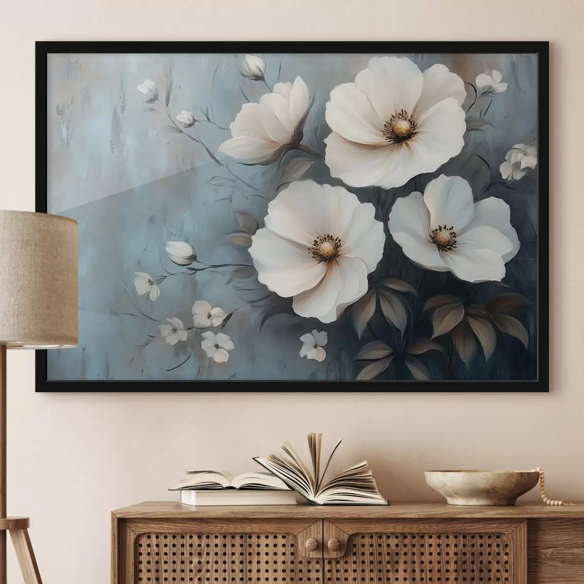 Poster Fiori bianchi su sfondo blu f42319