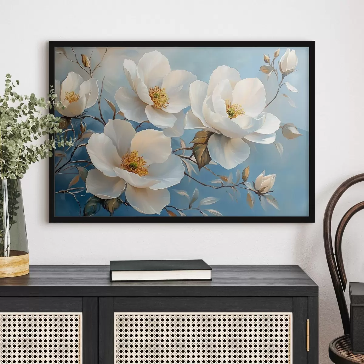 Poster Grandi fiori bianchi su sfondo blu f42321