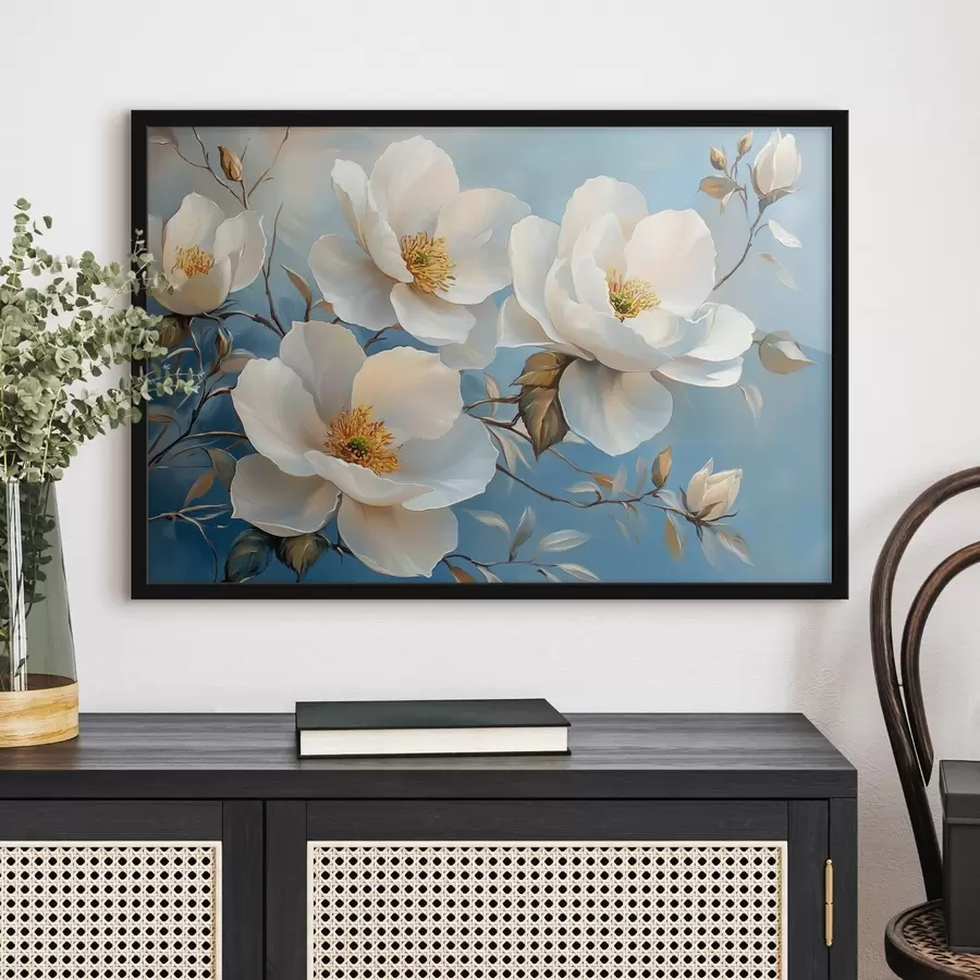 carta da parati Grandi fiori bianchi su sfondo blu nr. f42321