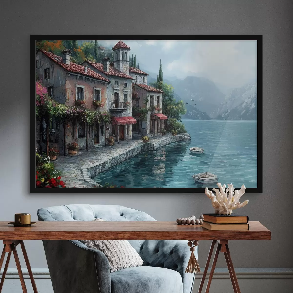 Poster Casa sopra il lago in montagna f42334