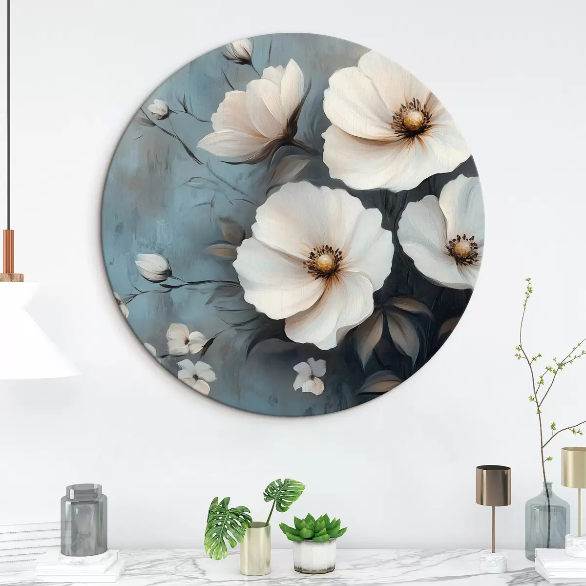 Quadri rotondi Fiori bianchi su sfondo blu r42319