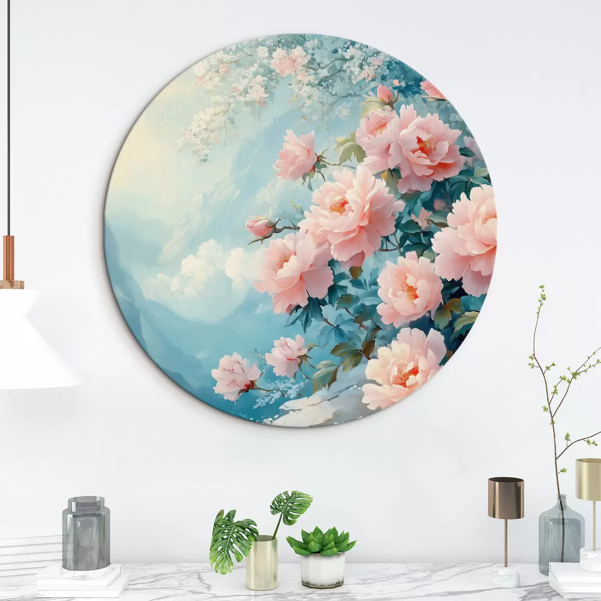 Quadri rotondi Montagne blu e fiori in primo piano r42324