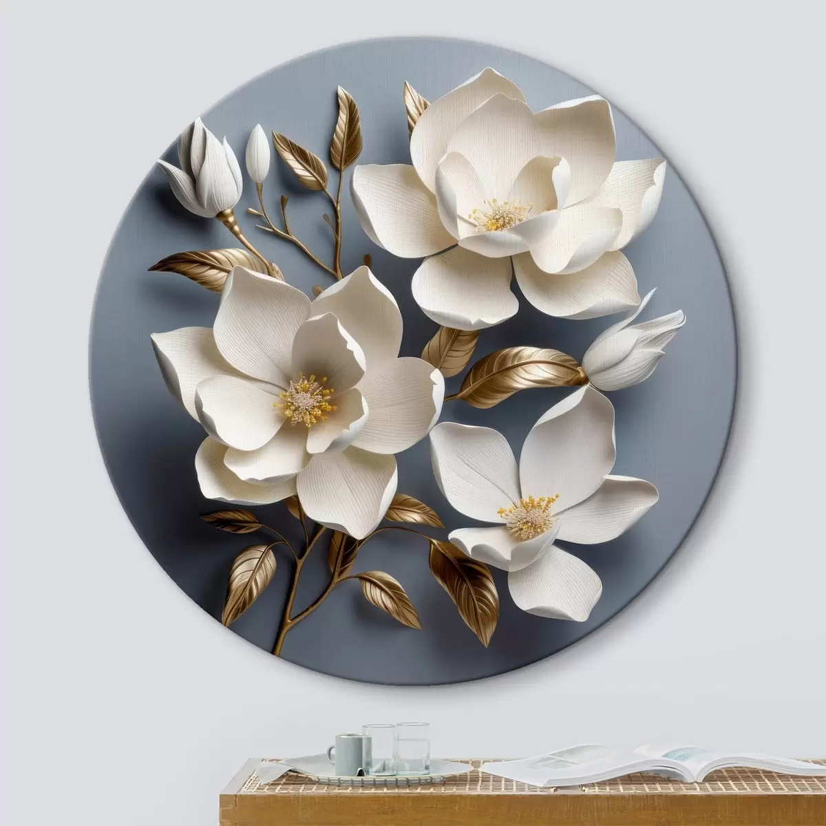 Quadri rotondi Grandi fiori su sfondo grigio chiaro r42174