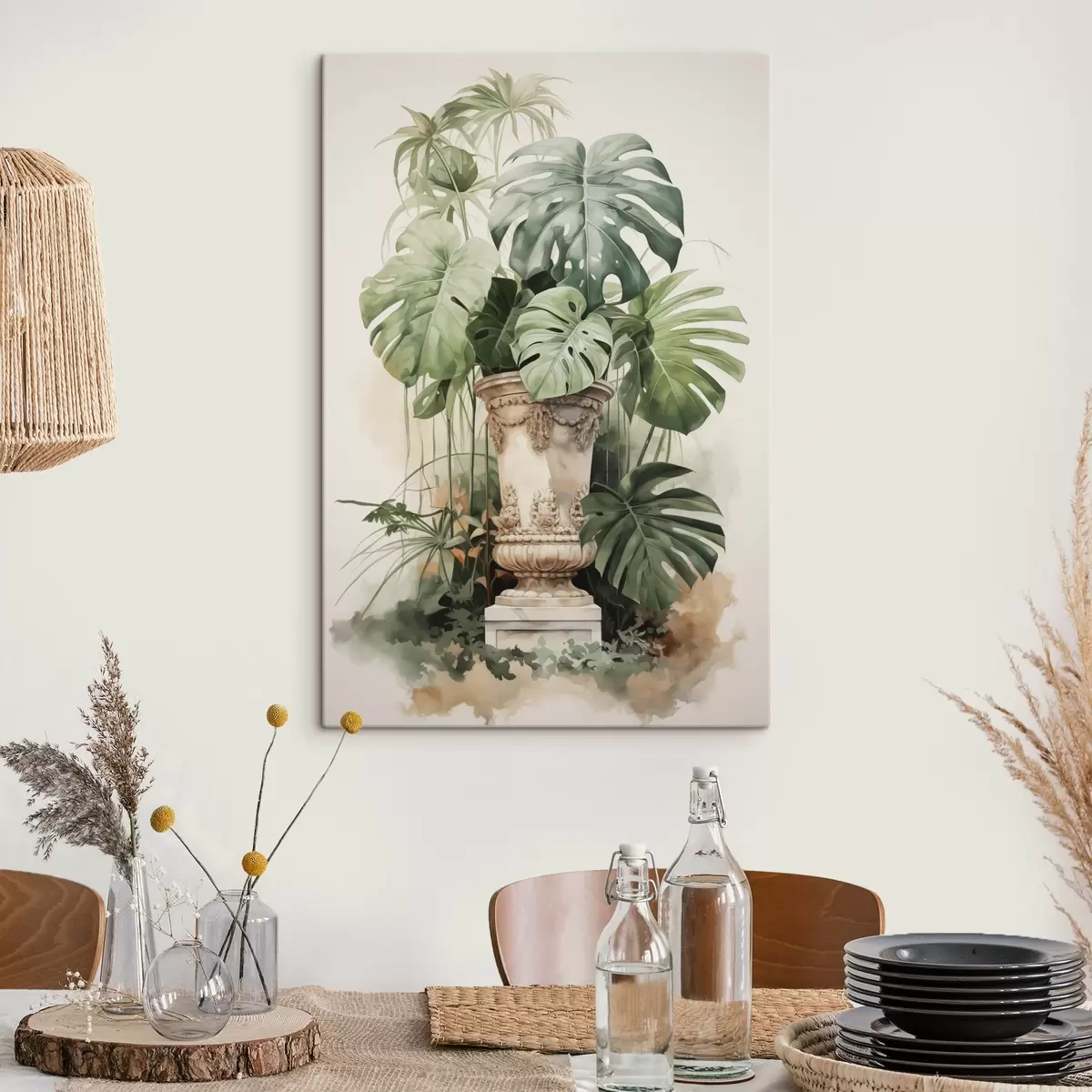 carta da parati Foglie di monstera tropicale su colonna imitazione acquerello nr. s42351