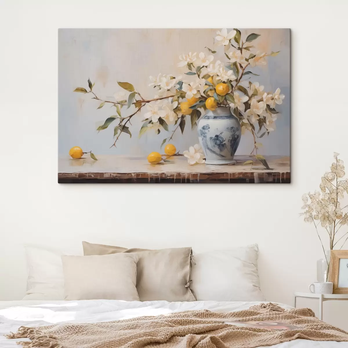 carta da parati Vaso con rami di fiori bianchi e pittura a imitazione di limone nr. s42360