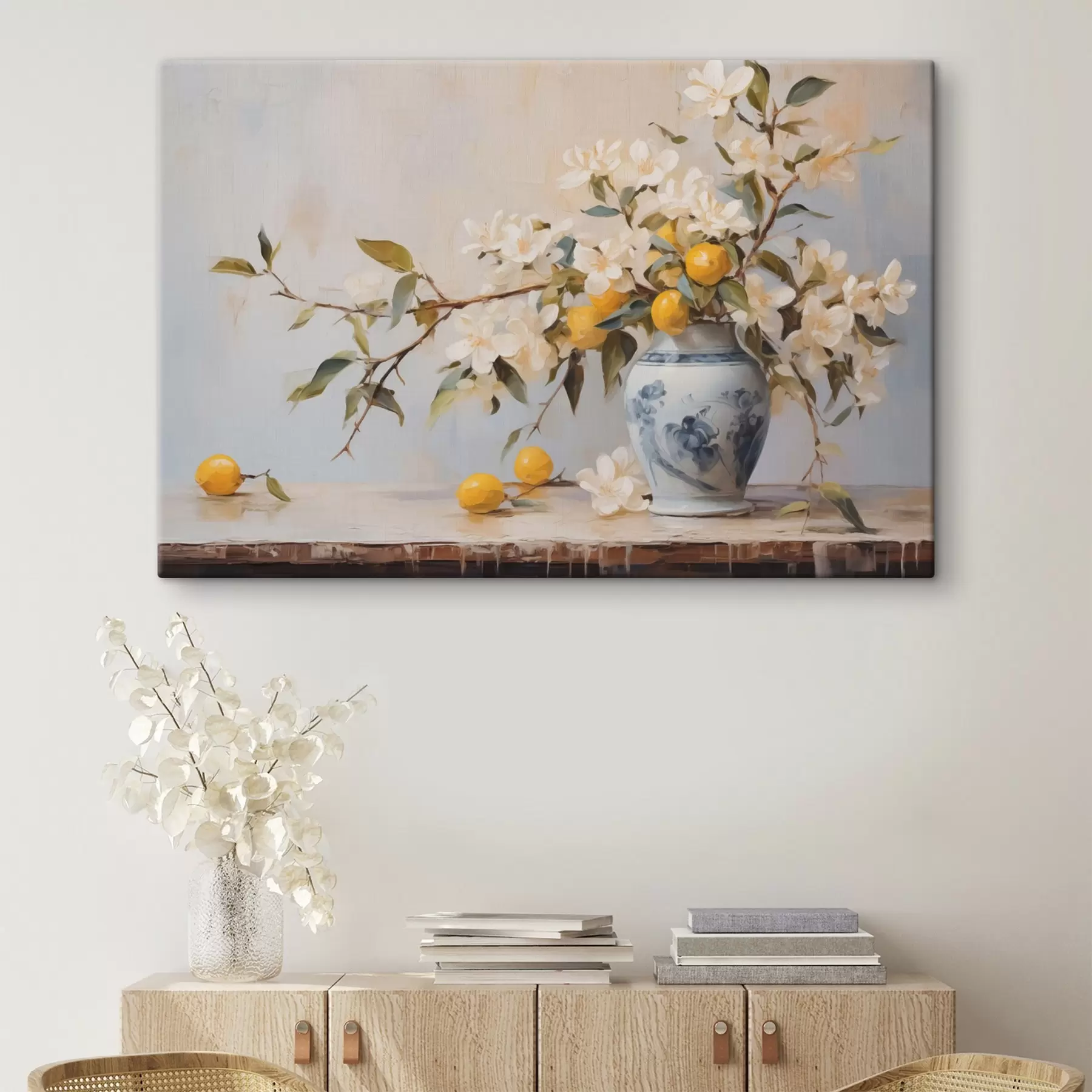 carta da parati Vaso con rami di fiori bianchi e pittura a imitazione di limone nr. s42360