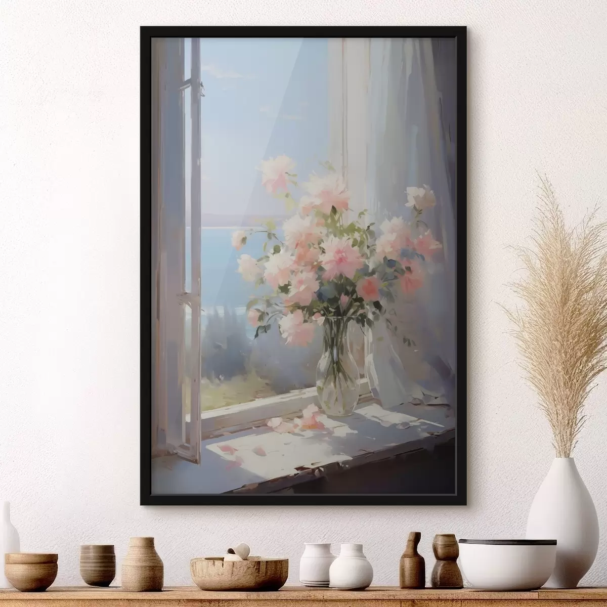 Poster Bouquet di fiori delicati in un vaso di vetro a imitazione di un dipinto f42352