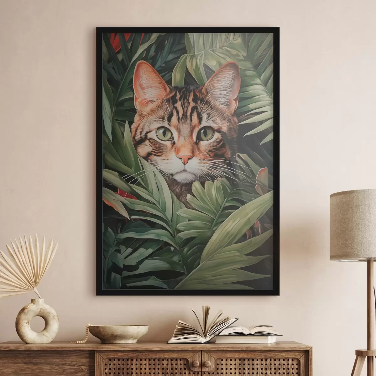 Poster Gatto in foglie tropicali f42354
