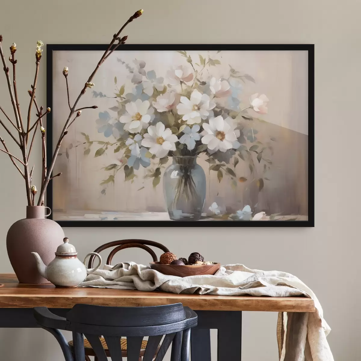 Poster Bouquet di fiori e ramoscelli in un vaso a imitazione di un dipinto f42356