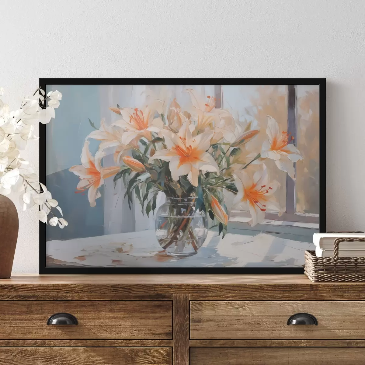 Poster Gigli in un vaso di vetro imitazione di un dipinto f42359