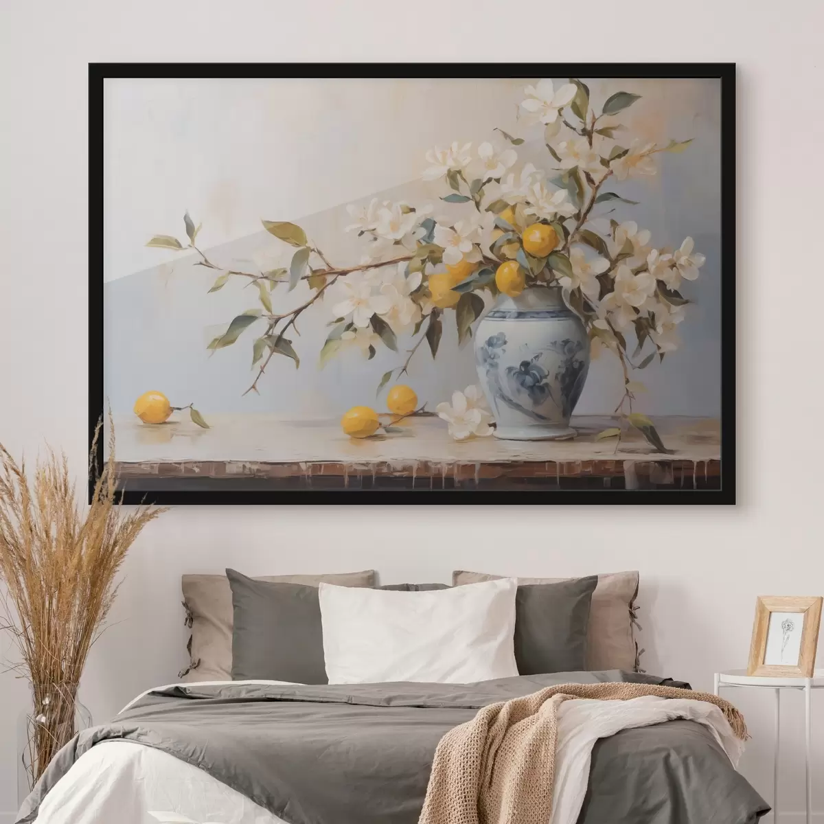 Poster Vaso con rami di fiori bianchi e pittura a imitazione di limone f42360