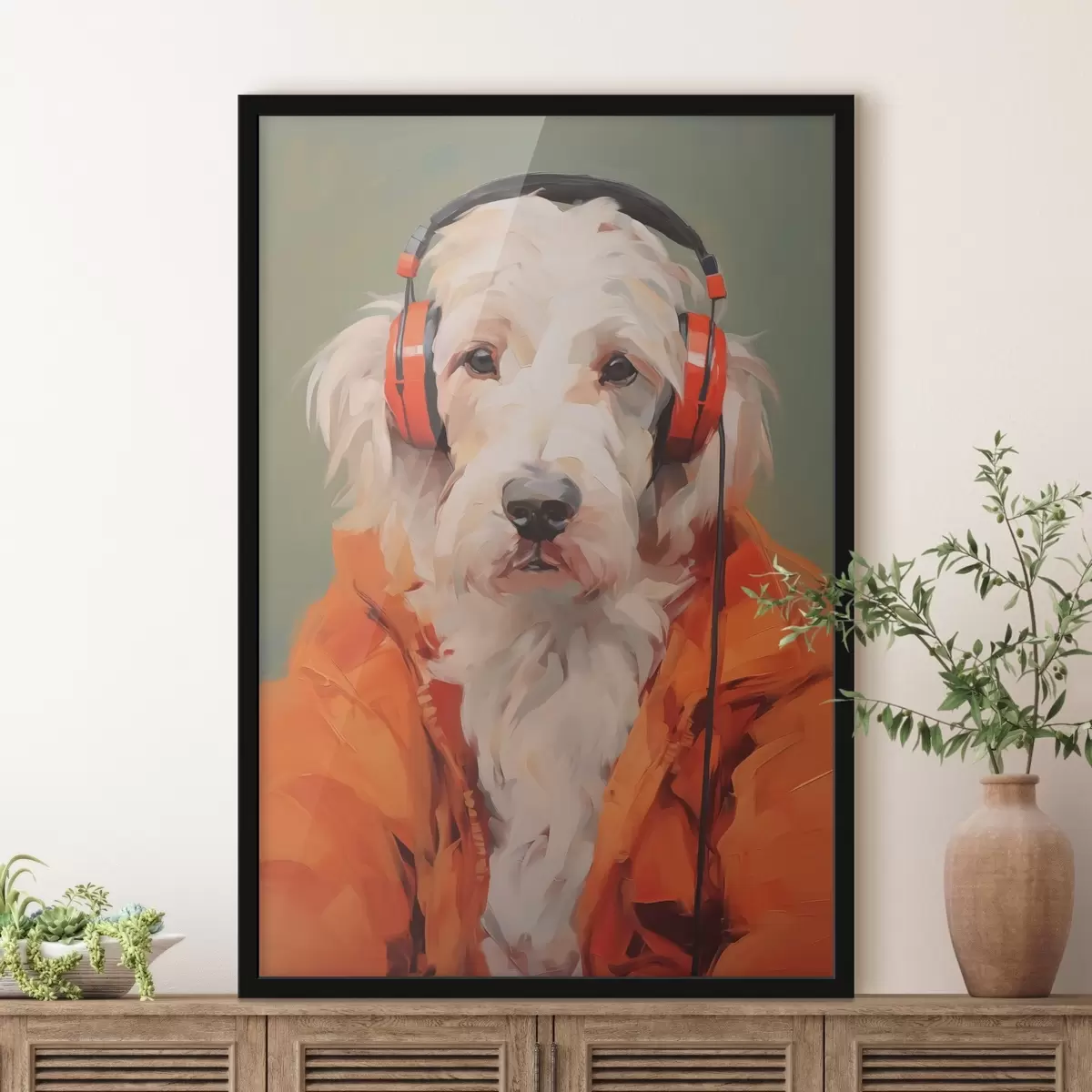 Poster Cane bianco con giacca arancione e cuffie imitazione pittura f42364